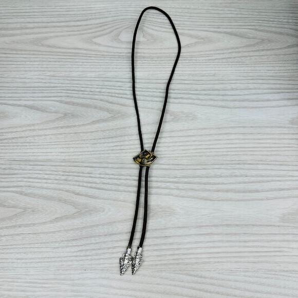 Vtg Unisex Bolo Tie Gold Tone Marbled Pendant Brown Braided Cord Adjustable Boho - Picture 7 of 9